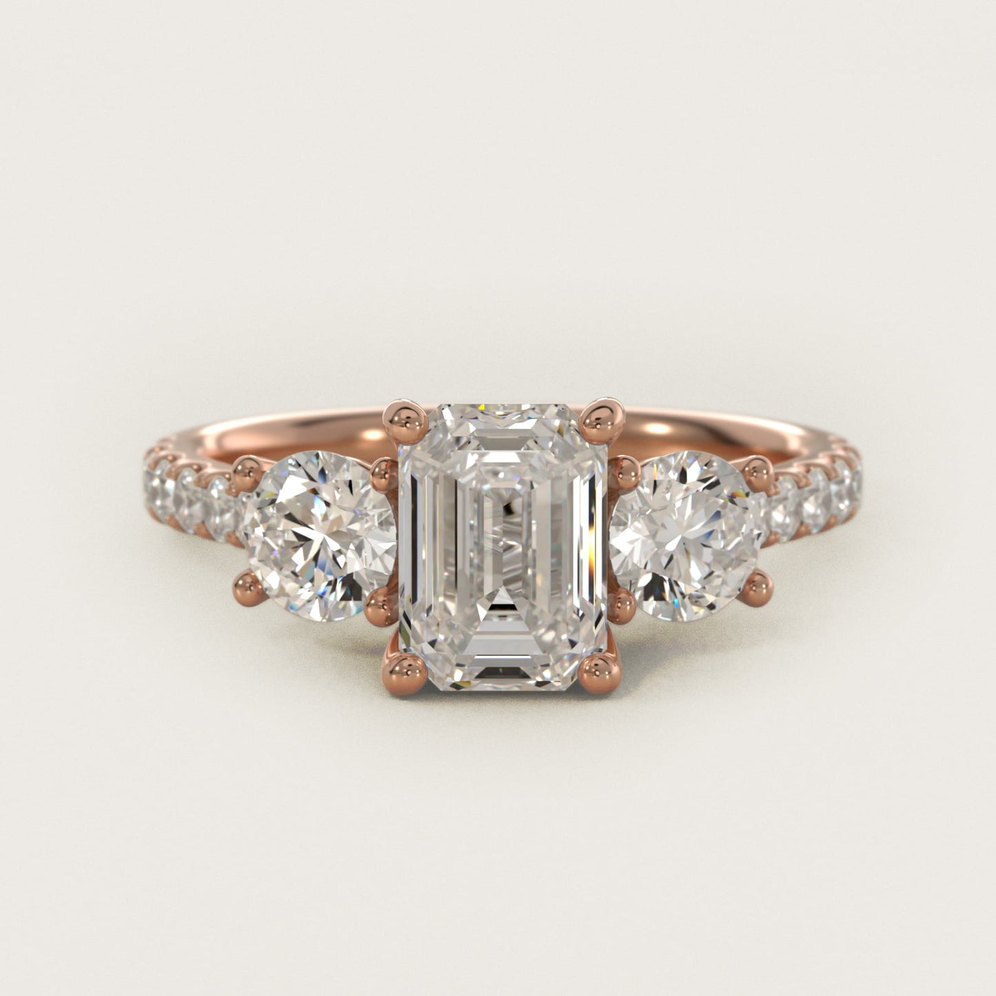Modern Trellis Three Stone Diamond Engagement in 14k Rose Gold - Emerald Center