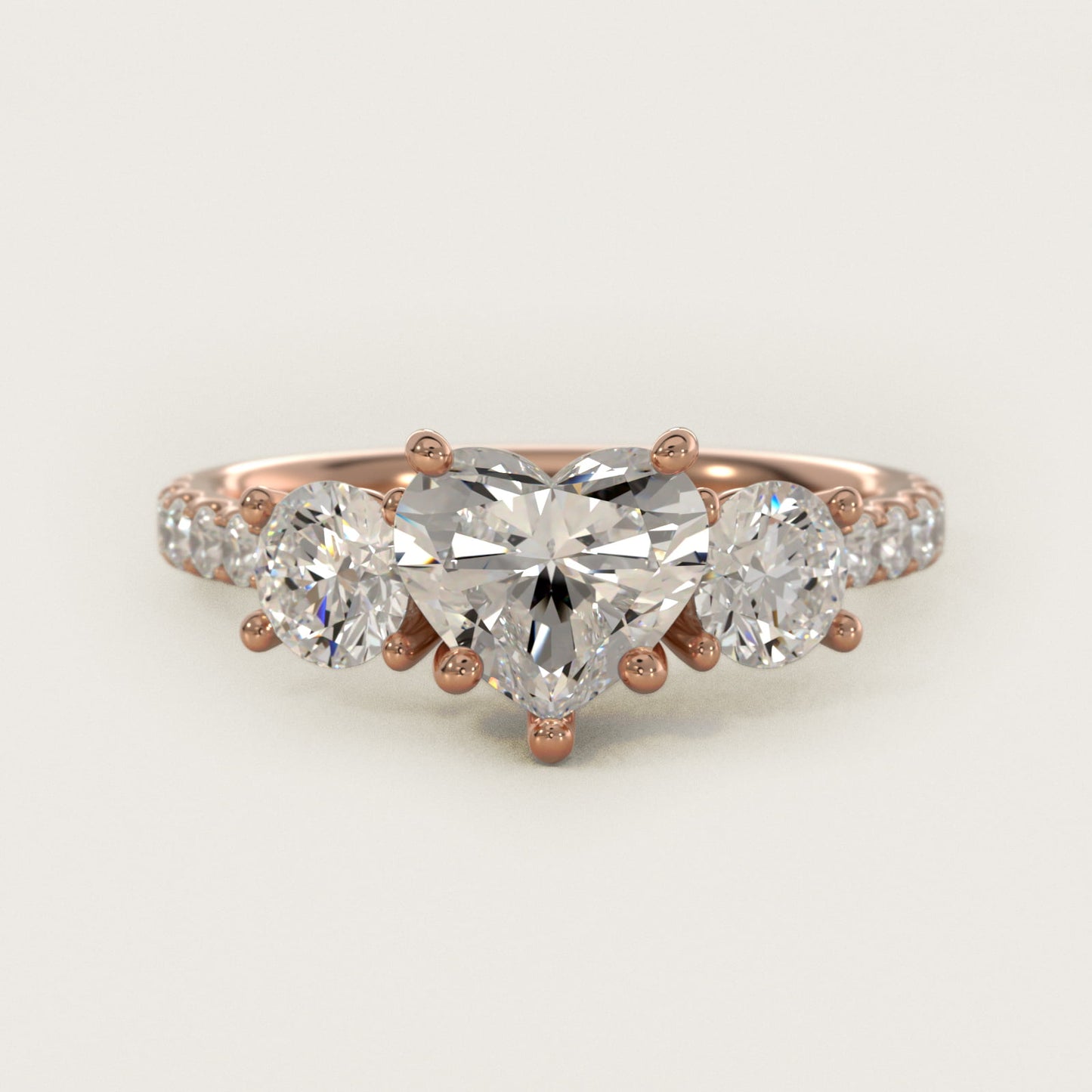 Modern Trellis Three Stone Diamond Engagement in 18k Rose Gold - Heart Center
