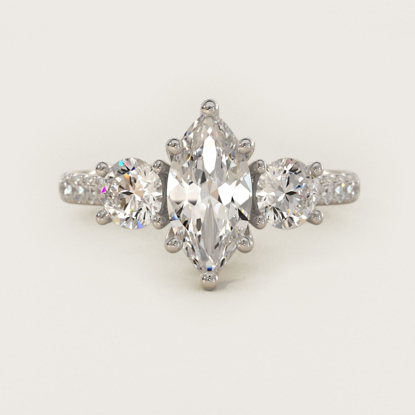 Modern Trellis Three Stone Diamond Engagement in 18k White Gold - Marquise Center