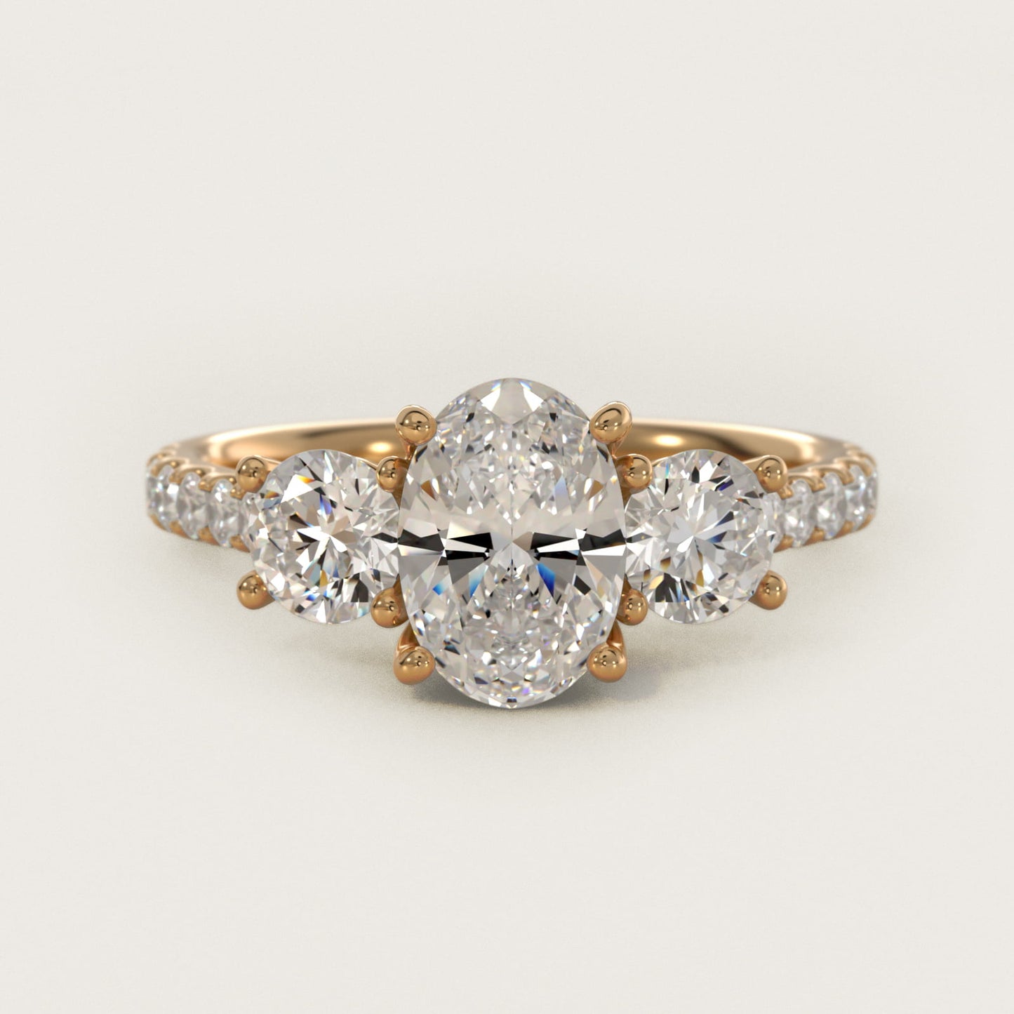 Modern Trellis Three Stone Diamond Engagement in 14k Yellow Gold - Oval Center