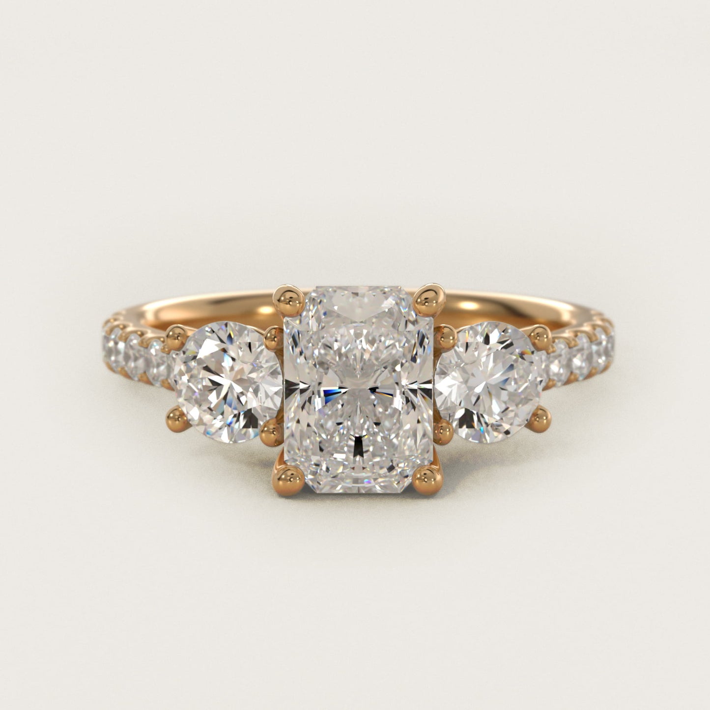 Modern Trellis Three Stone Diamond Engagement in 18k Yellow Gold - Radiant Center