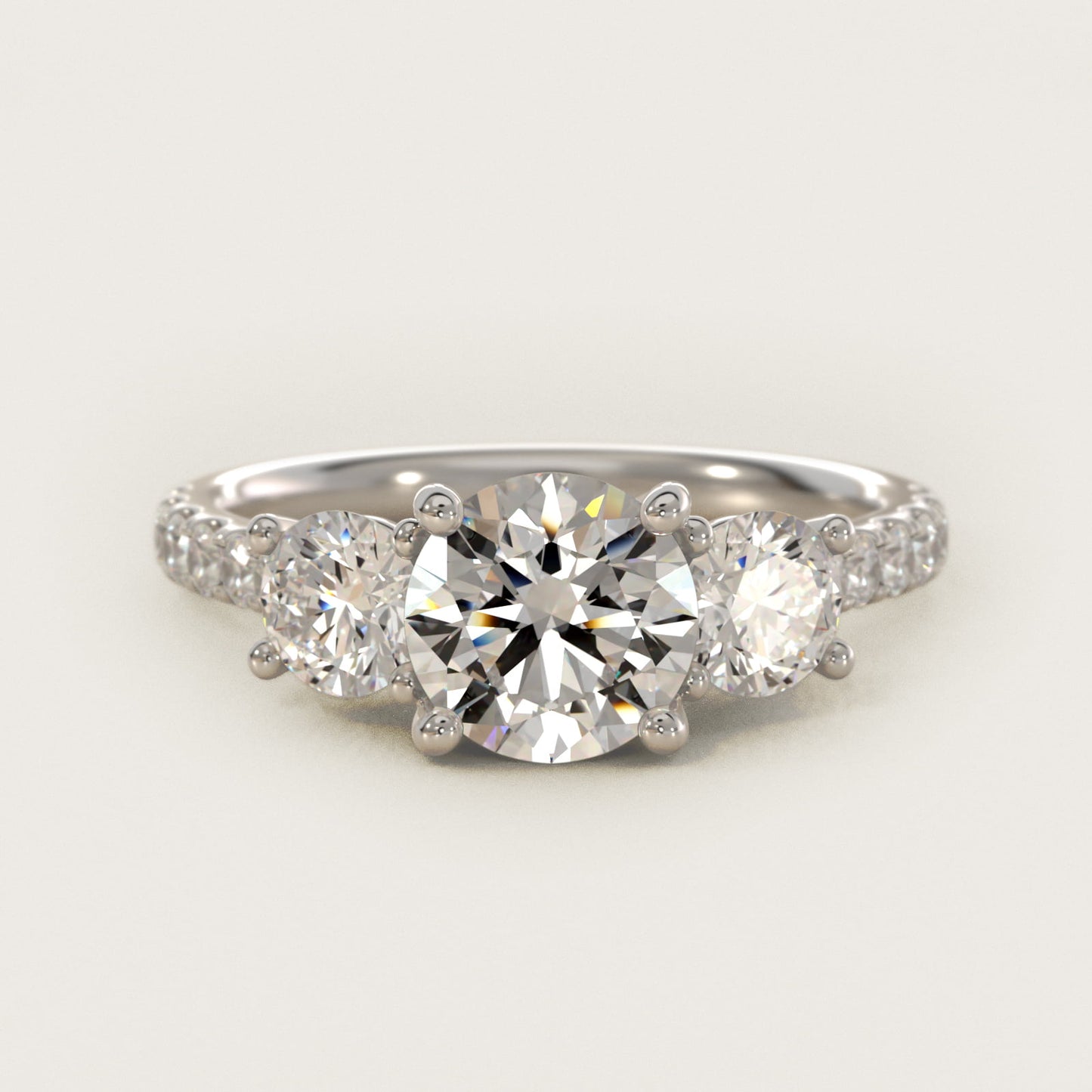 Modern Trellis Three Stone Diamond Engagement in 14k White Gold - Round Center