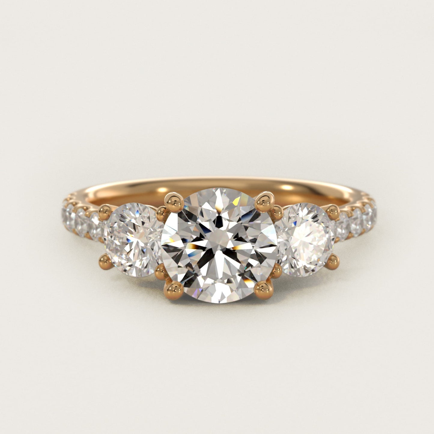 Modern Trellis Three Stone Diamond Engagement in 18k Yellow Gold - Round Center