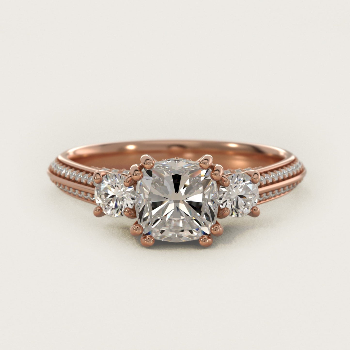 Pav? Knife Edge Diamond Three Stone Engagement Ring In 18k Rose Gold By James Allen - Cushion Center