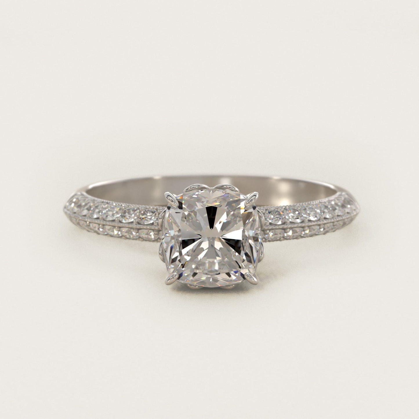 PavŽ Knife Edge Lotus Basket Diamond Engagement Ring In 14K White Gold By James Allen - Cushion Center