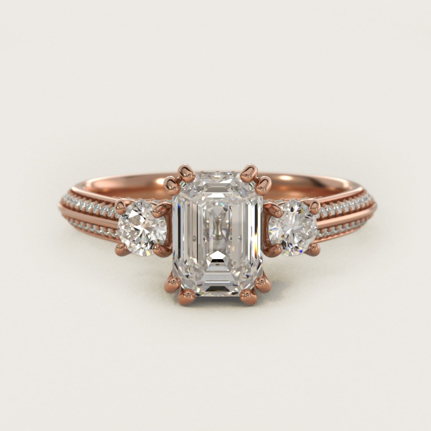 Pav? Knife Edge Diamond Three Stone Engagement Ring In 18k Rose Gold By James Allen - Emerald Center