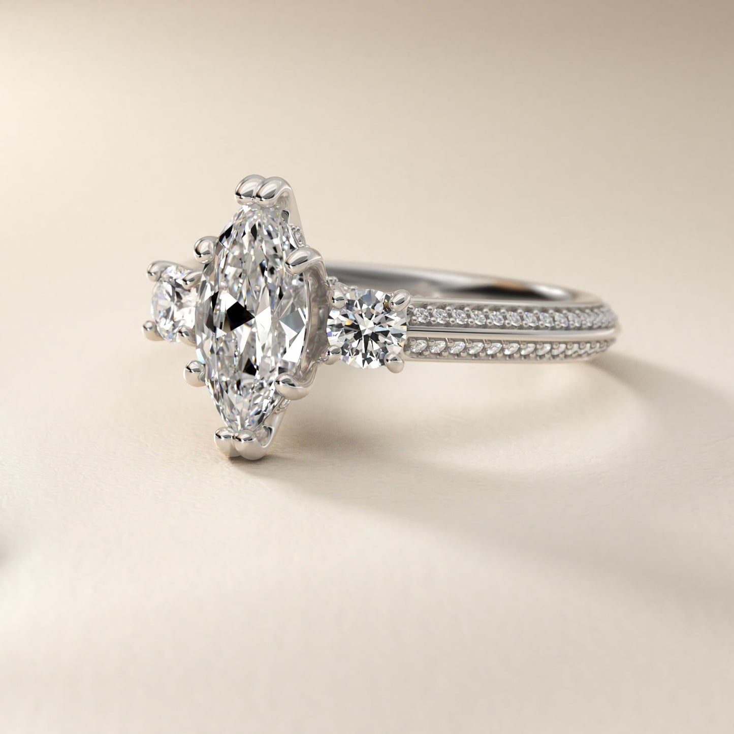 PavŽ Knife Edge Diamond Three Stone Engagement Ring In 14K White Gold By James Allen - Marquise Center
