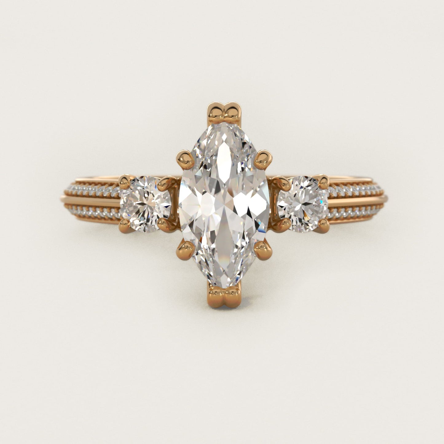 PavŽ Knife Edge Diamond Three Stone Engagement Ring In 14K Yellow Gold By James Allen - Marquise Center