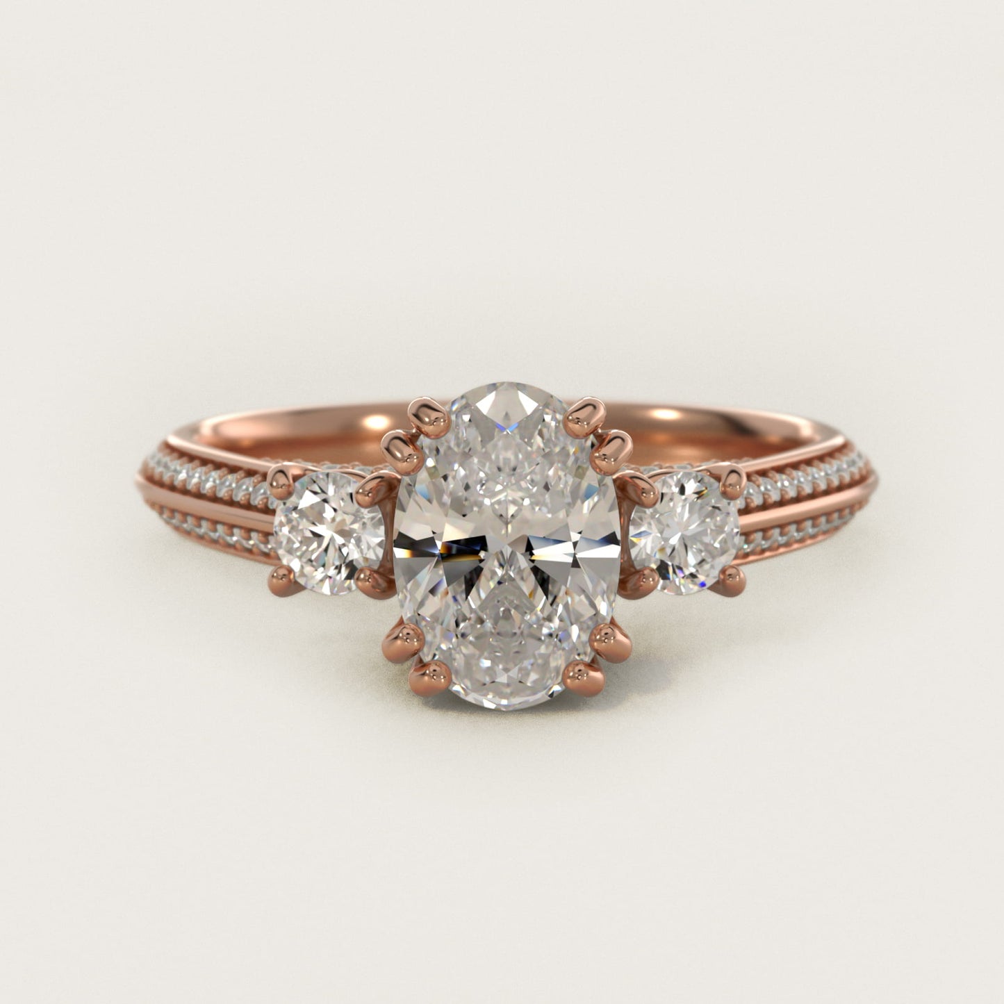 PavŽ Knife Edge Diamond Three Stone Engagement Ring In 14K Rose Gold By James Allen - Oval Center