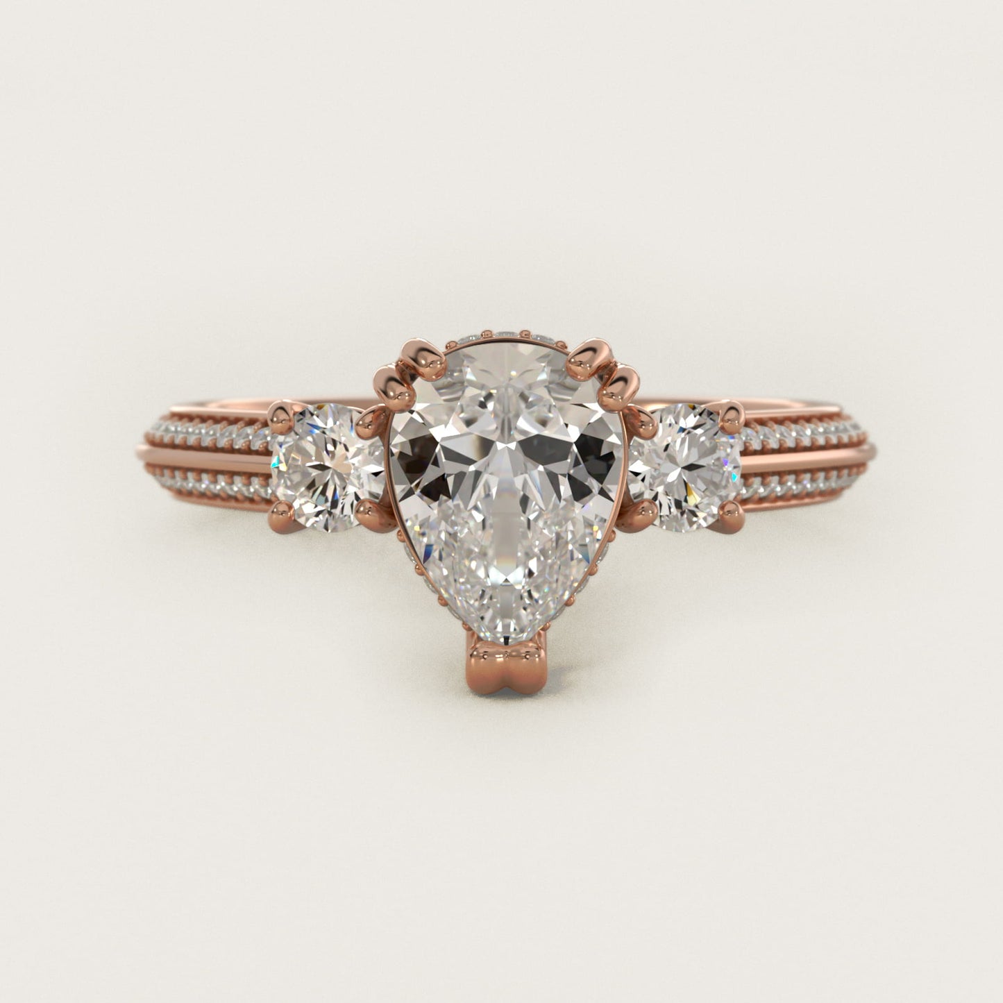 PavŽ Knife Edge Diamond Three Stone Engagement Ring In 14K Rose Gold By James Allen - Pear Center