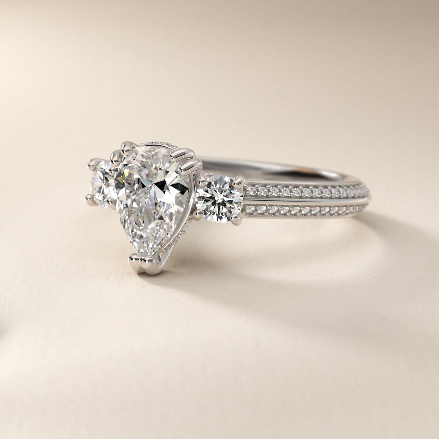 PavŽ Knife Edge Diamond Three Stone Engagement Ring In 14K White Gold By James Allen - Pear Center