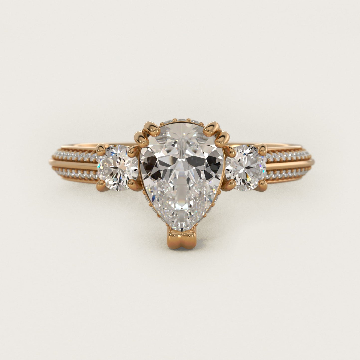 PavŽ Knife Edge Diamond Three Stone Engagement Ring In 14K Yellow Gold By James Allen - Pear Center