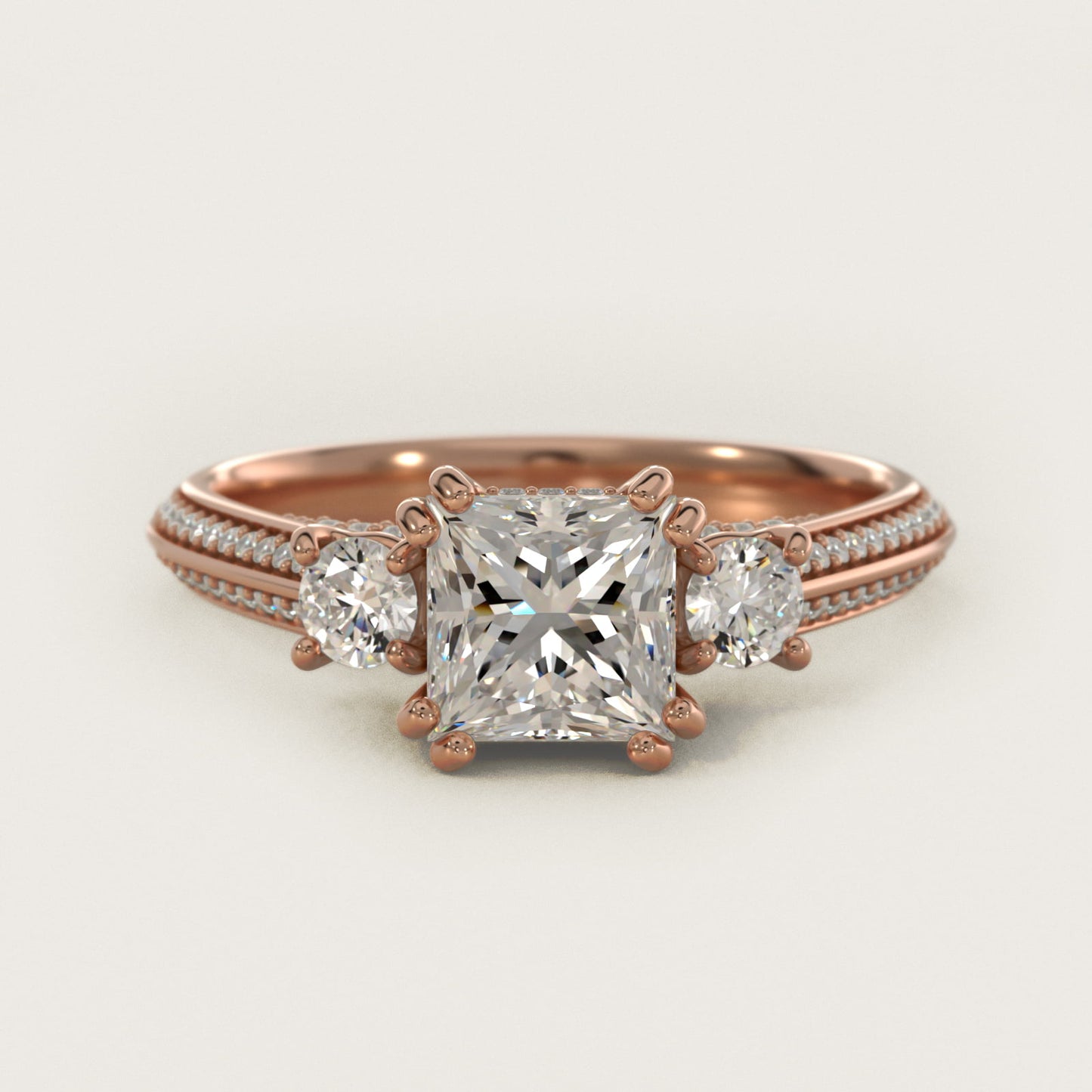 PavŽ Knife Edge Diamond Three Stone Engagement Ring In 14K Rose Gold By James Allen - Princess Center