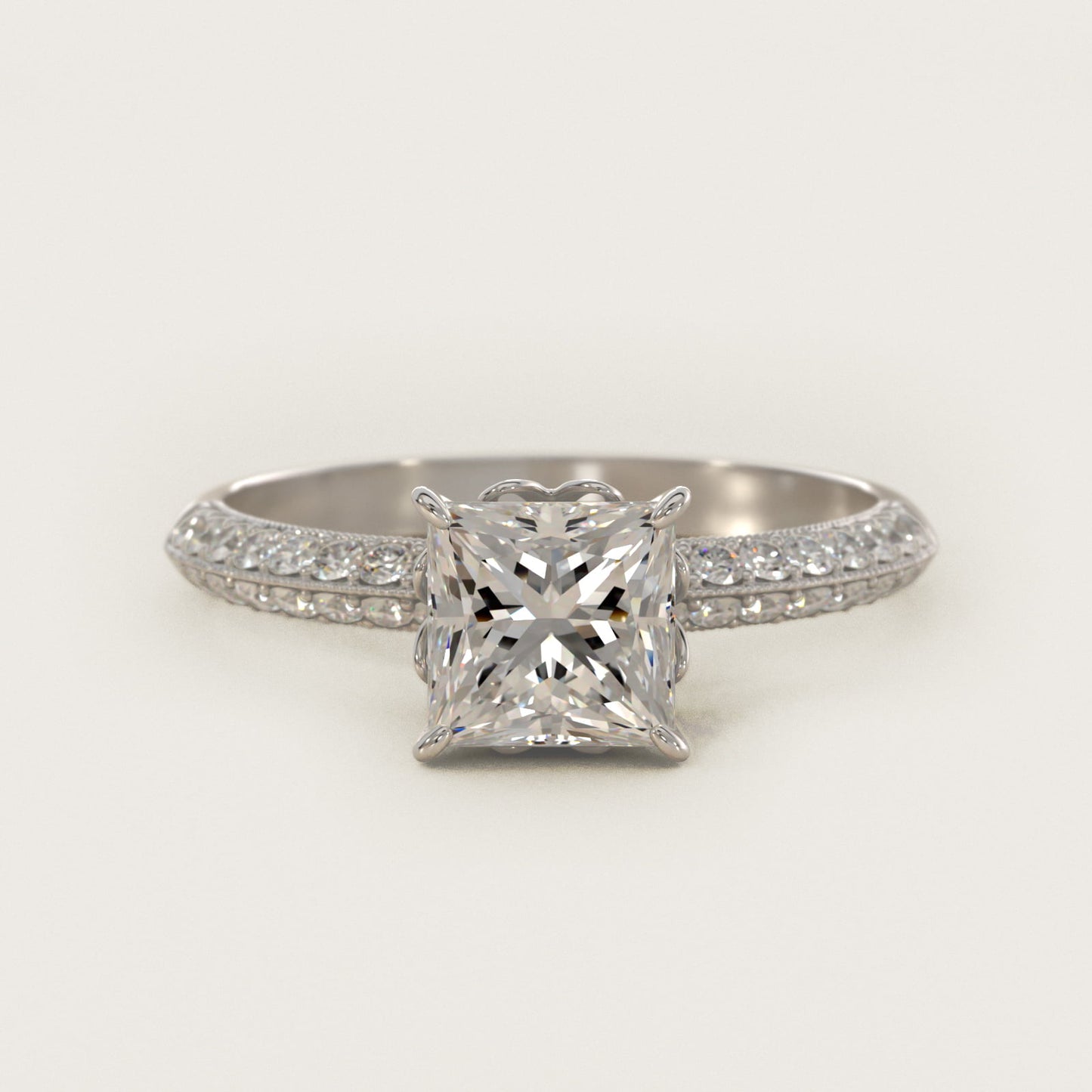 PavŽ Knife Edge Lotus Basket Diamond Engagement Ring In 14K White Gold By James Allen - Princess Center
