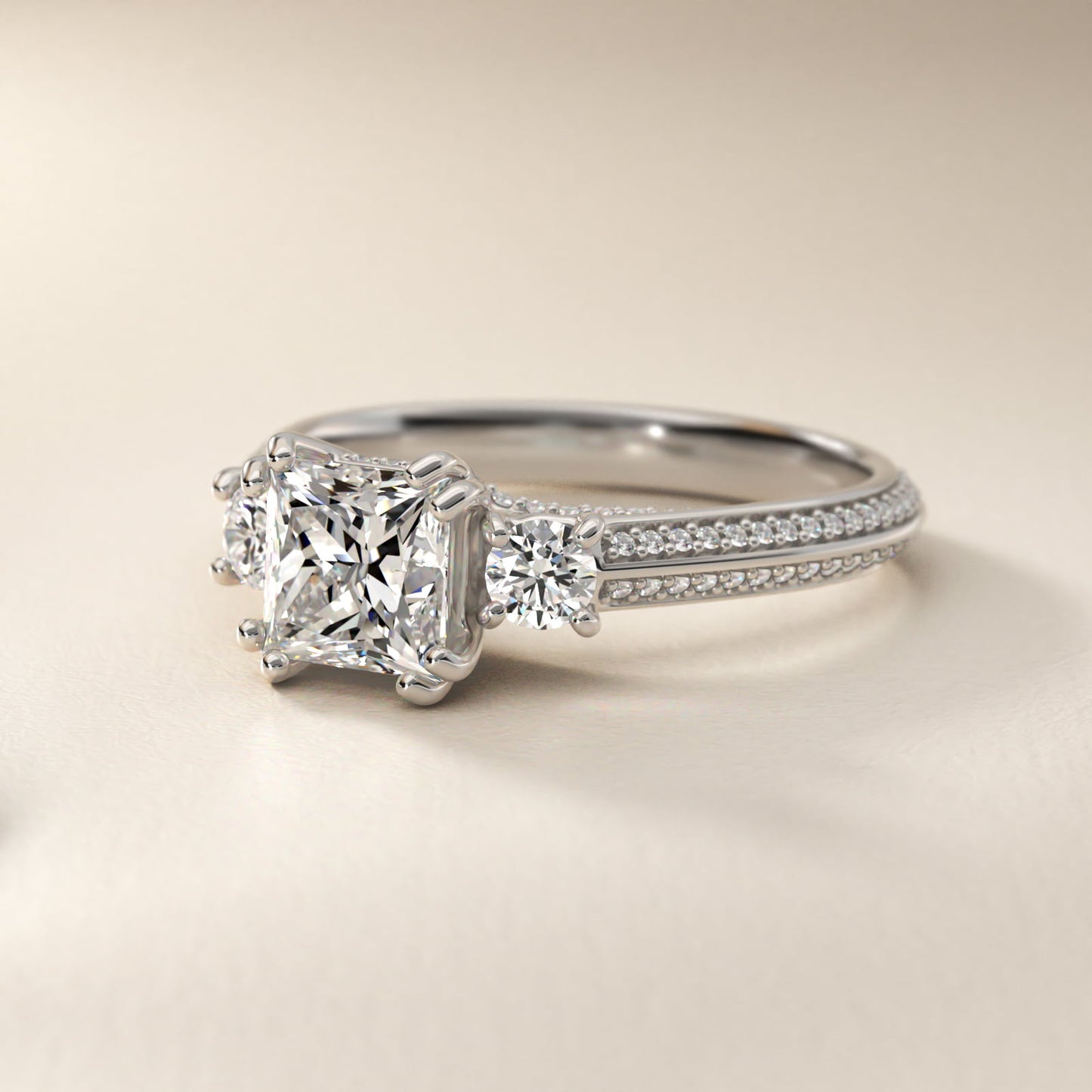 PavŽ Knife Edge Diamond Three Stone Engagement Ring In 14K White Gold By James Allen - Princess Center
