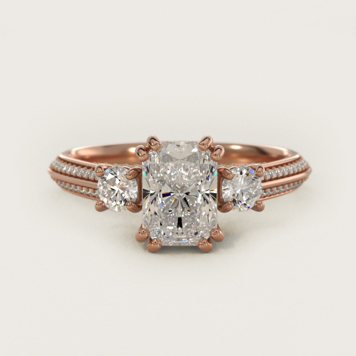 Pav? Knife Edge Diamond Three Stone Engagement Ring In 18k Rose Gold By James Allen - Radiant Center