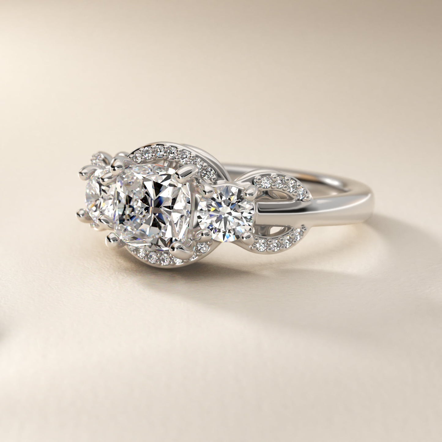 PavŽ Silhouette Diamond Three Stone Engagement Ring In 18k White Gold By James Allen - Cushion Center