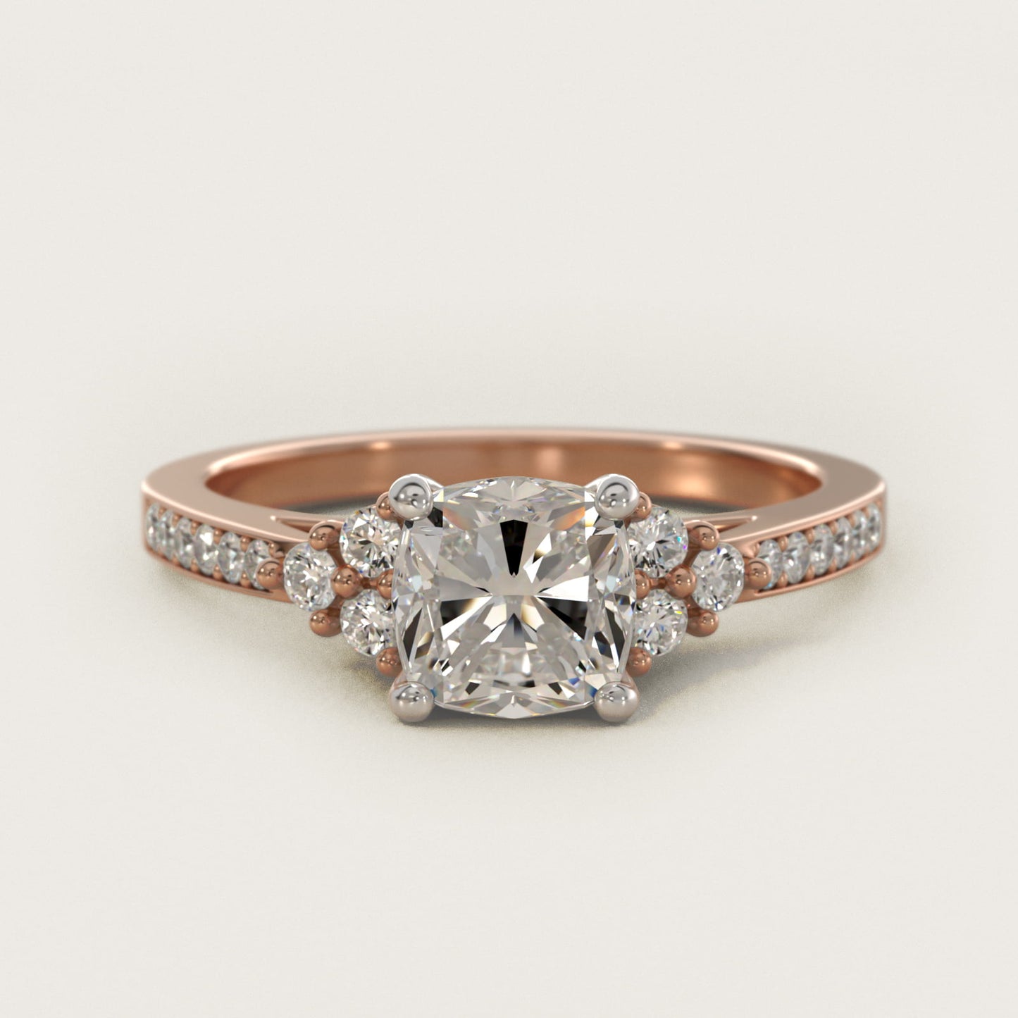PavŽ Trio Side Stone Diamond Engagement Ring In 14K Rose Gold By James Allen - Cushion Center