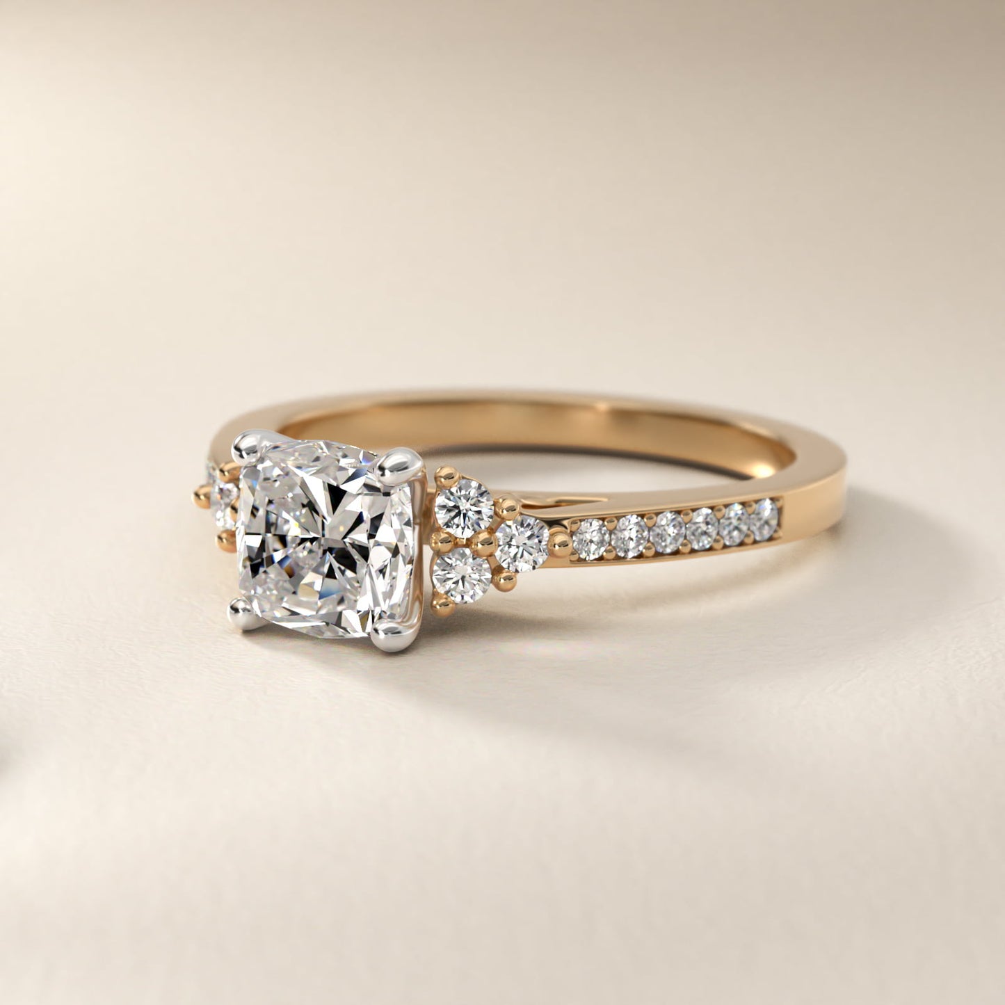 PavŽ Trio Side Stone Diamond Engagement Ring In 18k Yellow Gold By James Allen - Cushion Center
