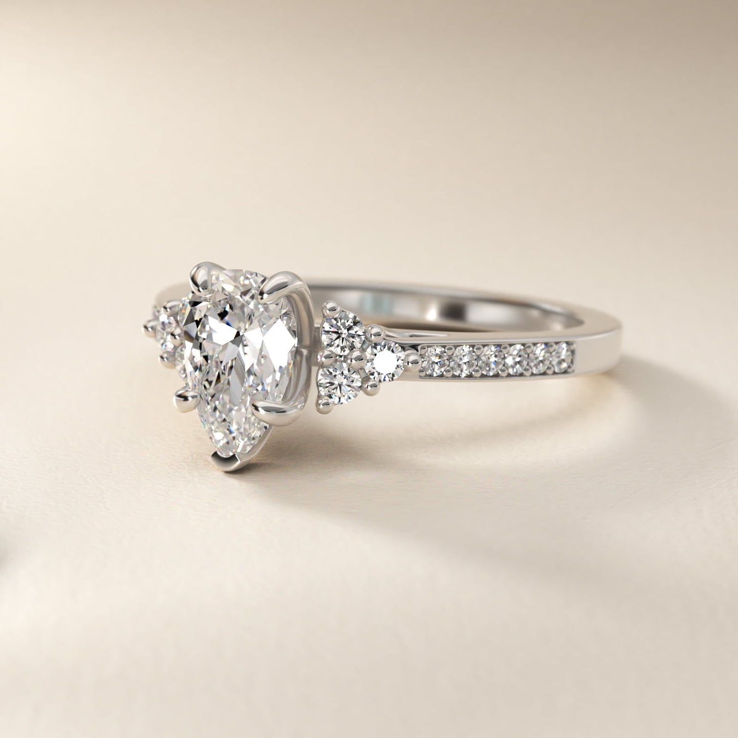 PavŽ Trio Side Stone Diamond Engagement Ring In 14K White Gold By James Allen - Pear Center