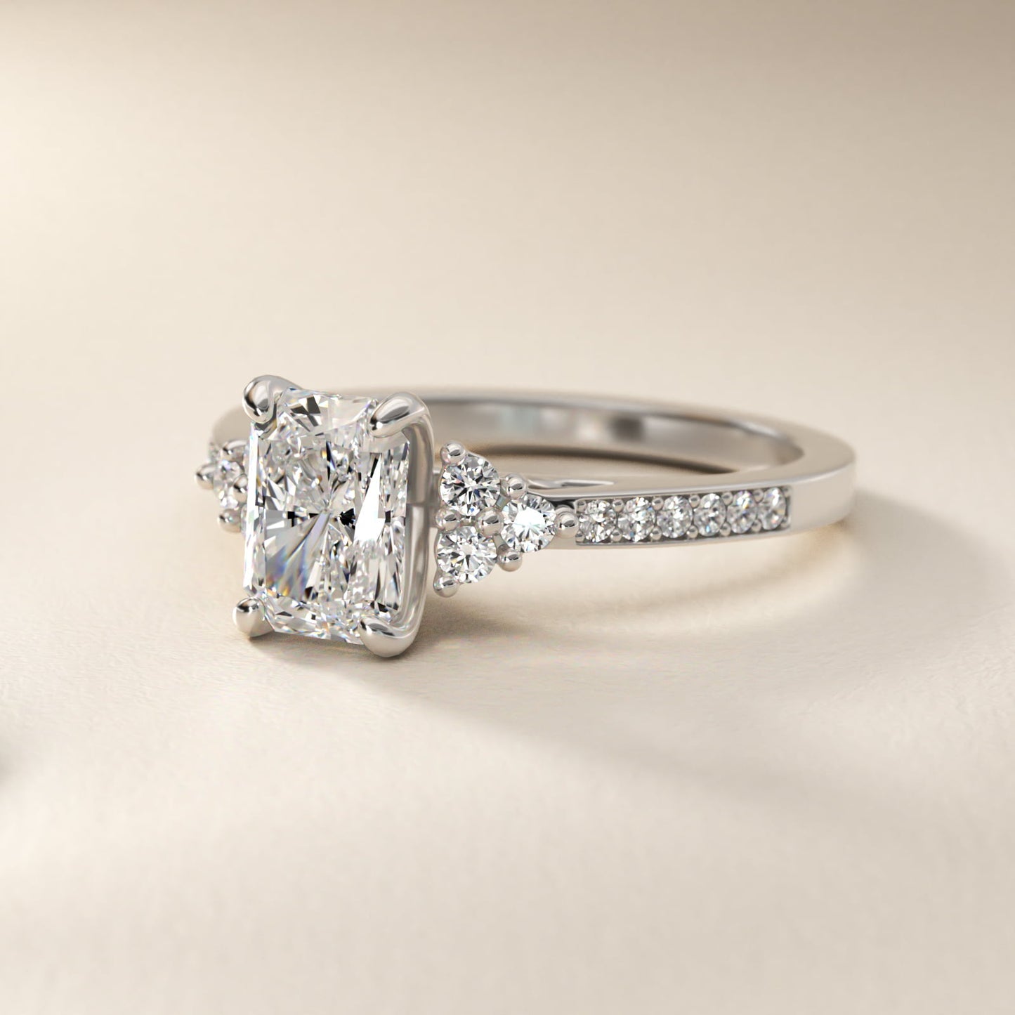 PavŽ Trio Side Stone Diamond Engagement Ring In 14K White Gold By James Allen - Radiant Center