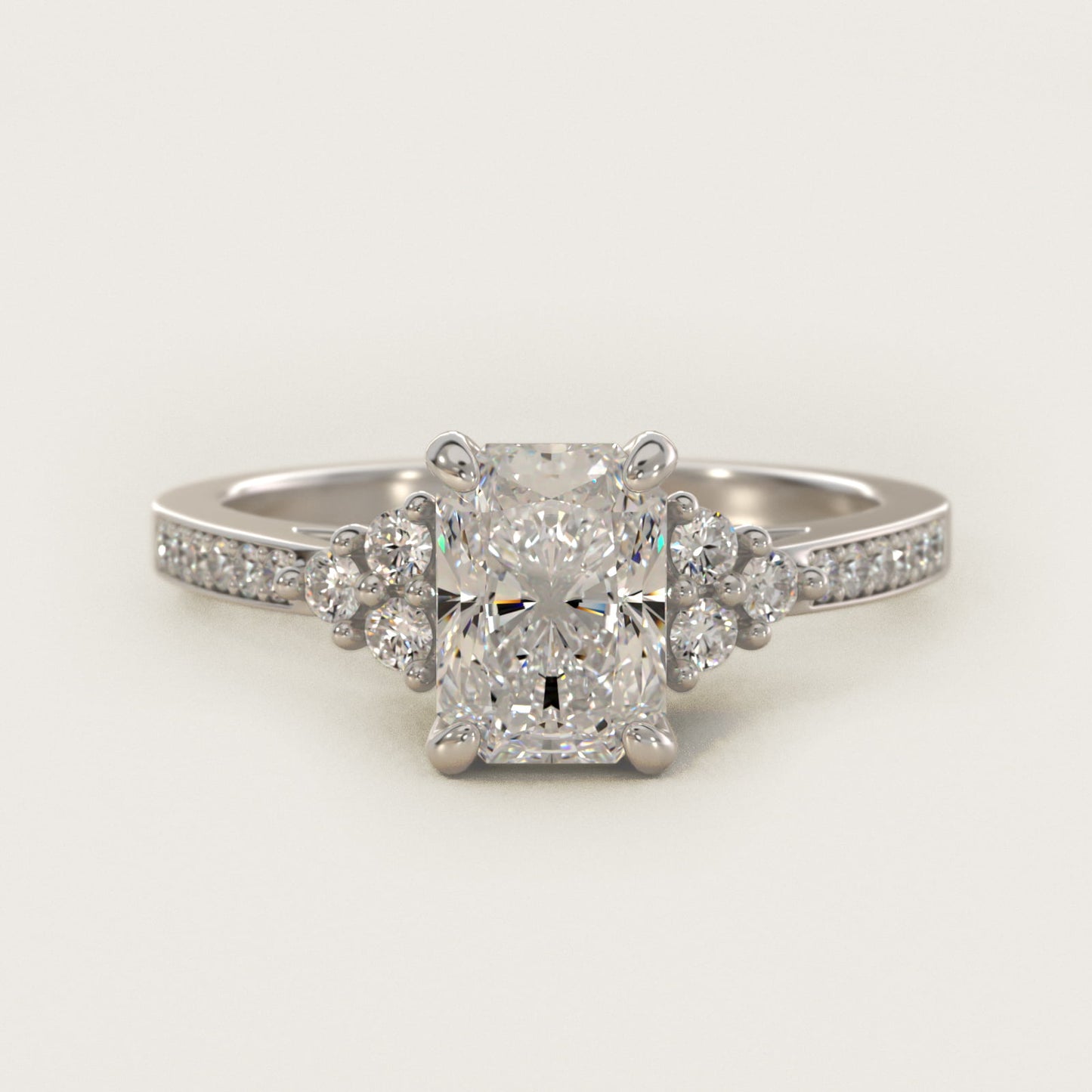 PavŽ Trio Side Stone Diamond Engagement Ring In Platinum By James Allen - Radiant Center