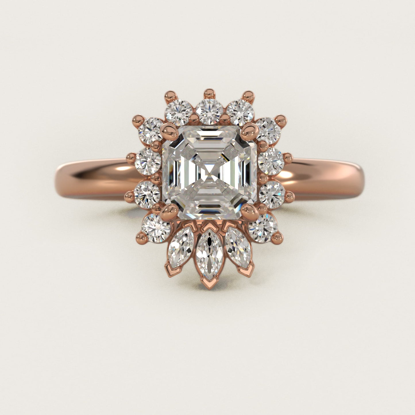 Pear Marquise and Round Ballerina Halo Diamond Engagement Ring in 14k Rose Gold - Asscher Center
