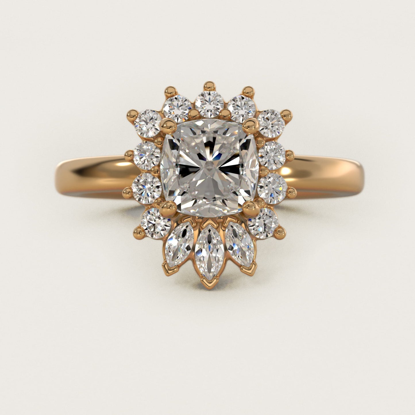 Pear Marquise and Round Ballerina Halo Diamond Engagement Ring in 14k Yellow Gold - Cushion Center
