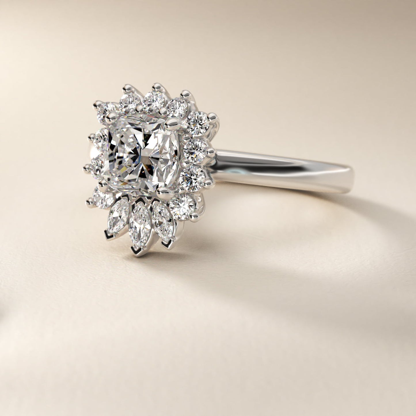 Pear Marquise and Round Ballerina Halo Diamond Engagement Ring in Platinum - Cushion Center