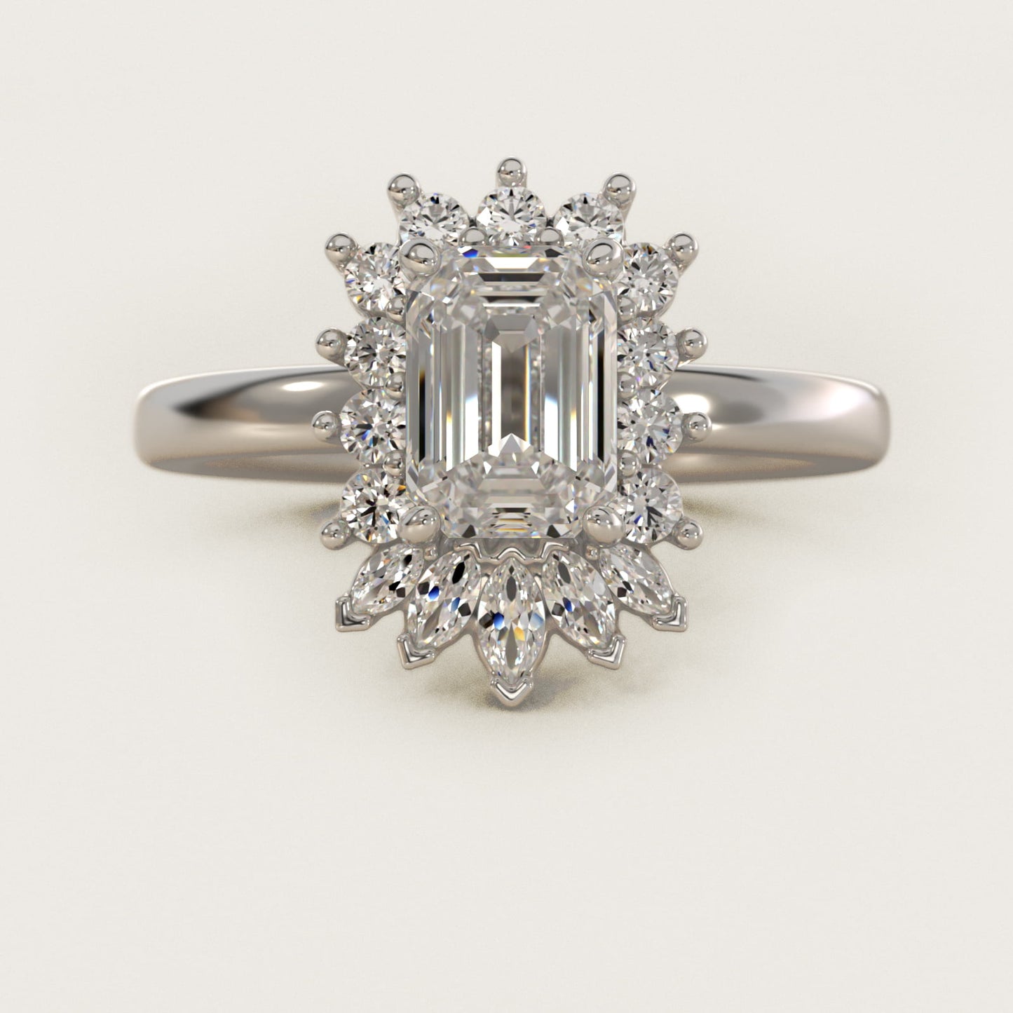 Pear Marquise and Round Ballerina Halo Diamond Engagement Ring in 18k White Gold - Emerald Center