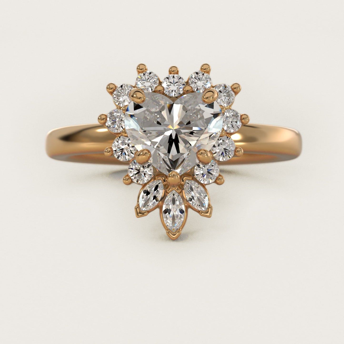 Pear Marquise and Round Ballerina Halo Diamond Engagement Ring in 18k Yellow Gold - Heart Center