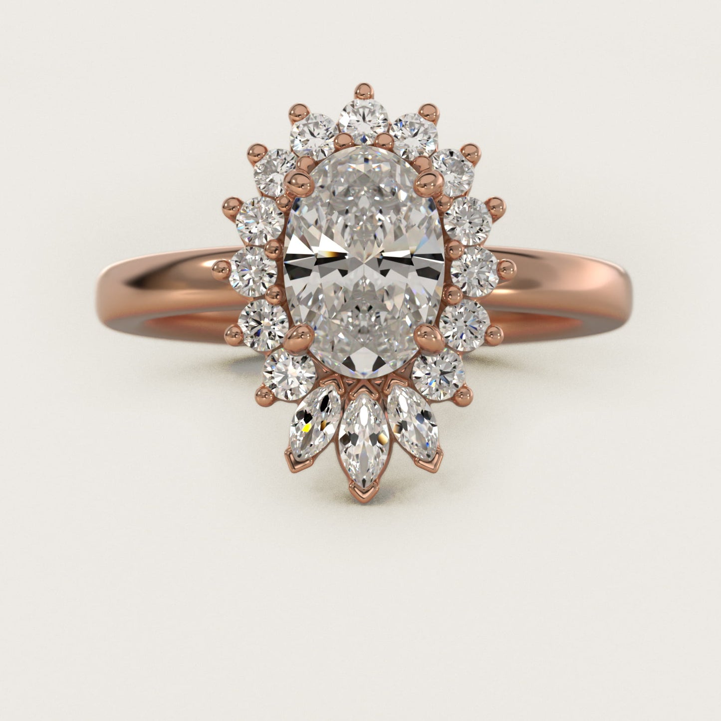 Pear Marquise and Round Ballerina Halo Diamond Engagement Ring in 18k Rose Gold - Oval Center