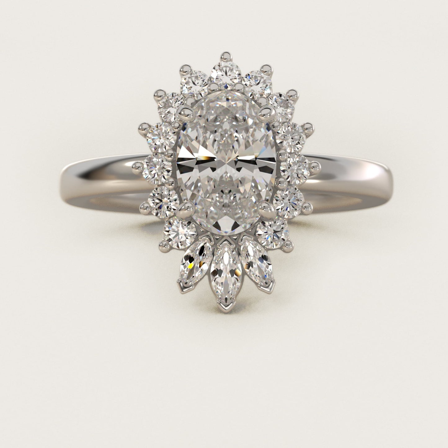 Pear Marquise and Round Ballerina Halo Diamond Engagement Ring in 14k White Gold - Oval Center