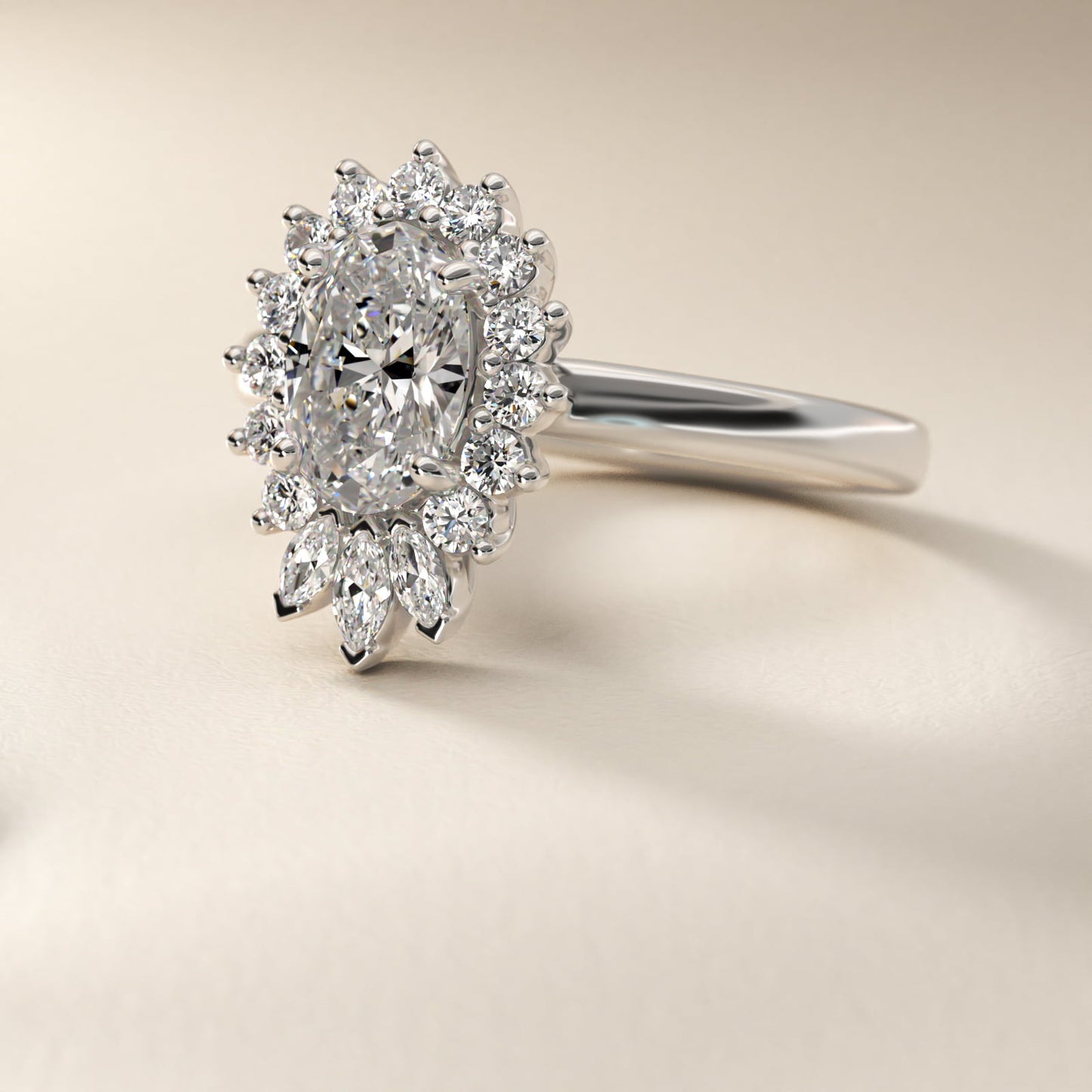 Pear Marquise and Round Ballerina Halo Diamond Engagement Ring in Platinum - Oval Center