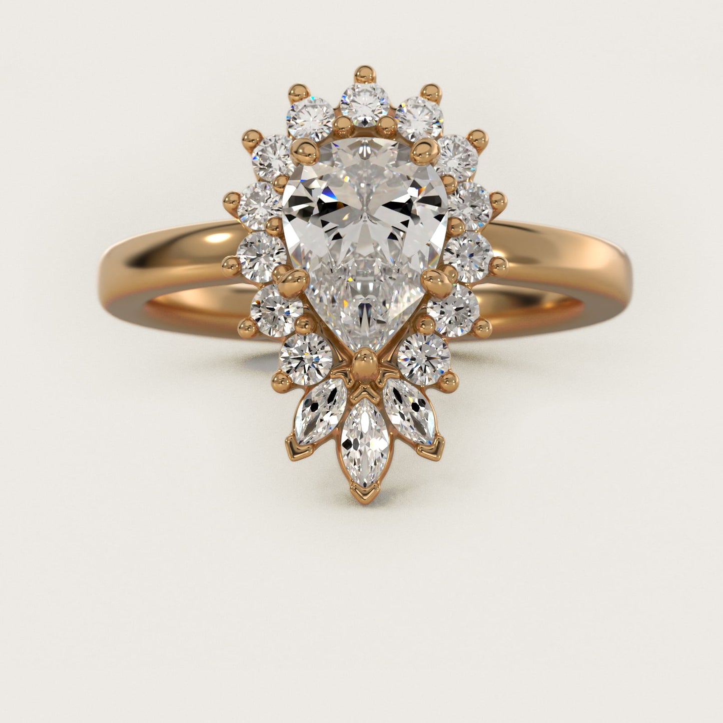 Pear Marquise and Round Ballerina Halo Diamond Engagement Ring in 18k Yellow Gold - Pear Center