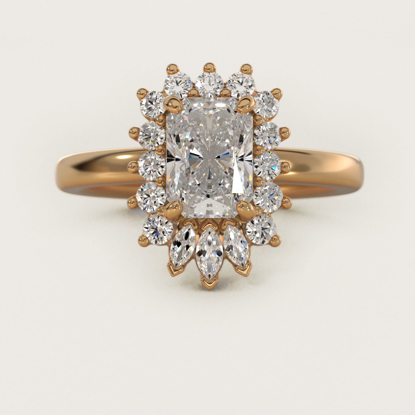 Pear Marquise and Round Ballerina Halo Diamond Engagement Ring in 14k Yellow Gold - Radiant Center
