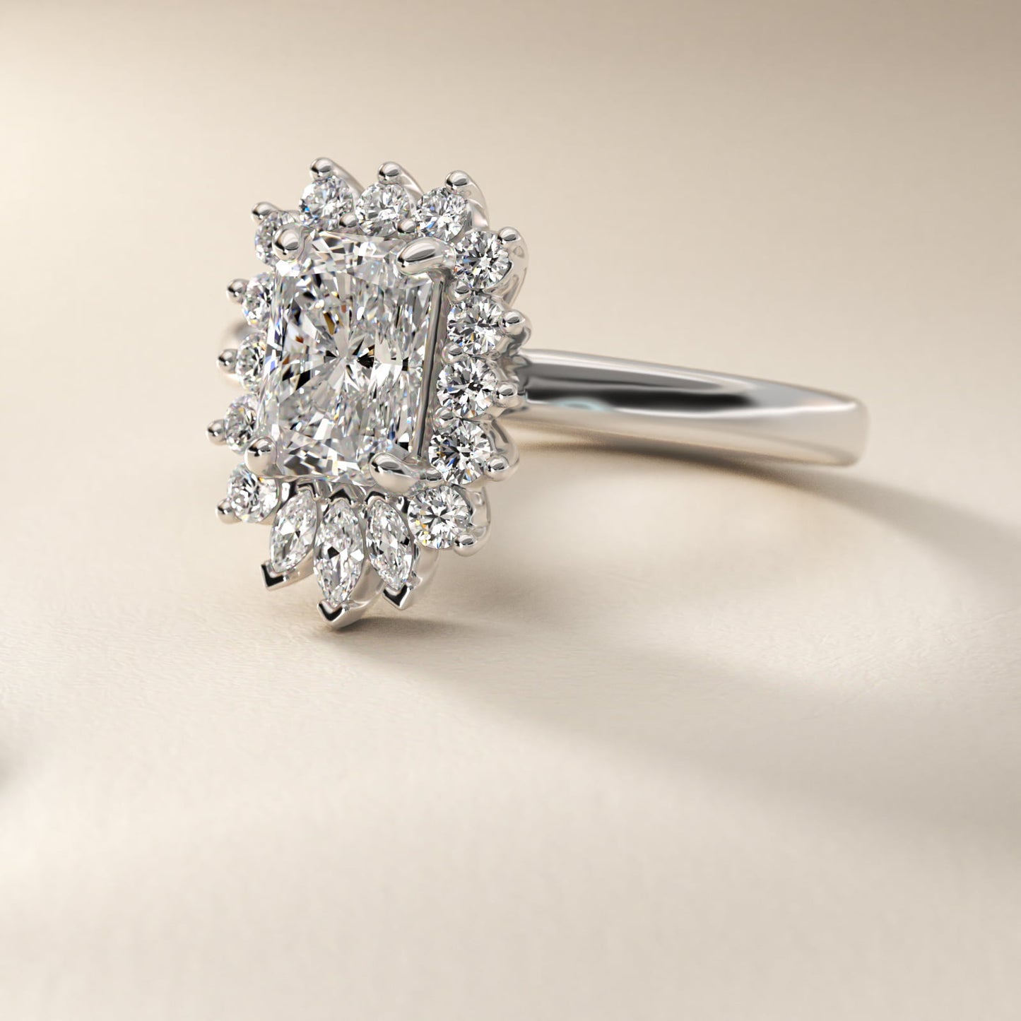 Pear Marquise and Round Ballerina Halo Diamond Engagement Ring in Platinum - Radiant Center