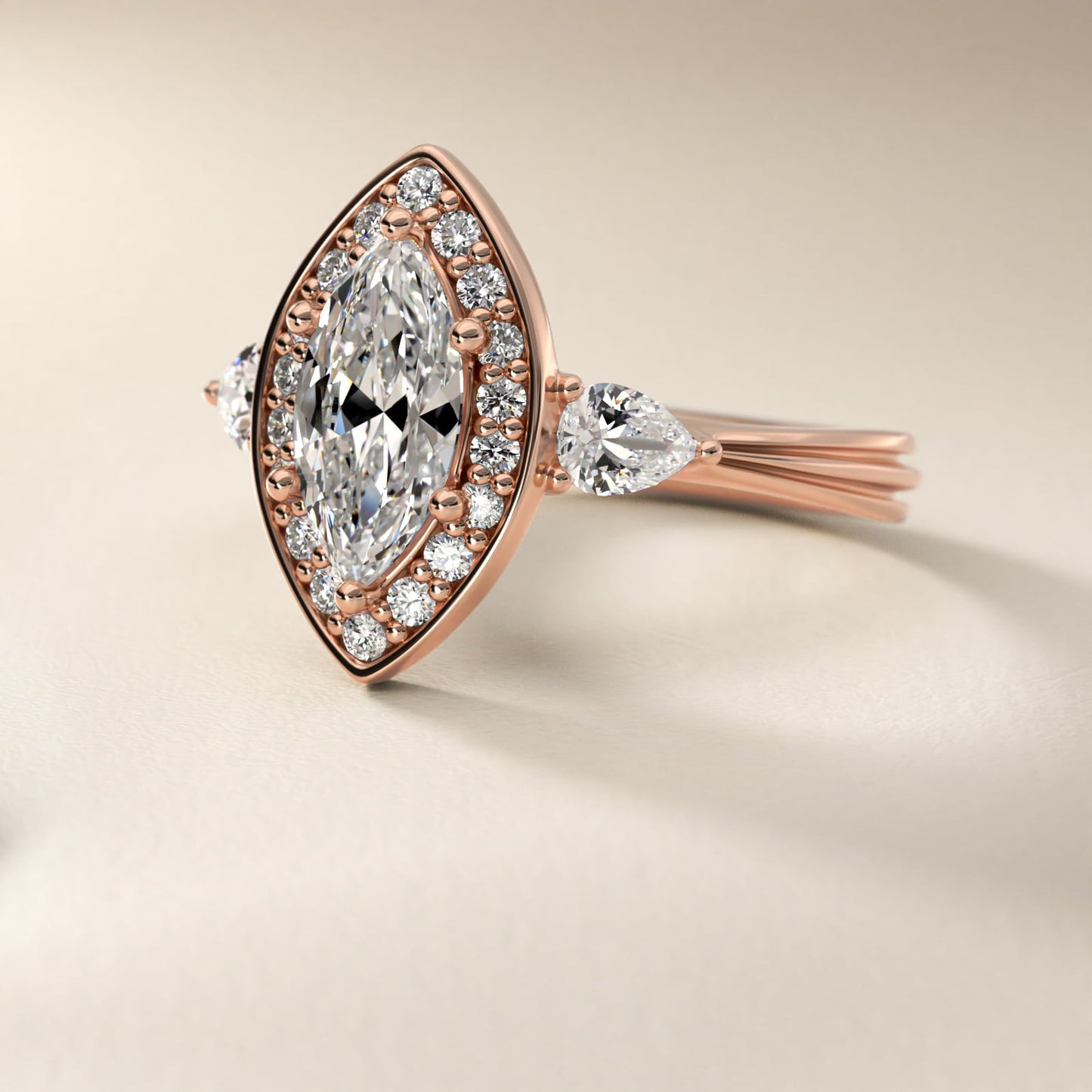 Pear Shape Side Stone Diamond Halo Engagement Ring In 18k Rose Gold By James Allen - Marquise Center