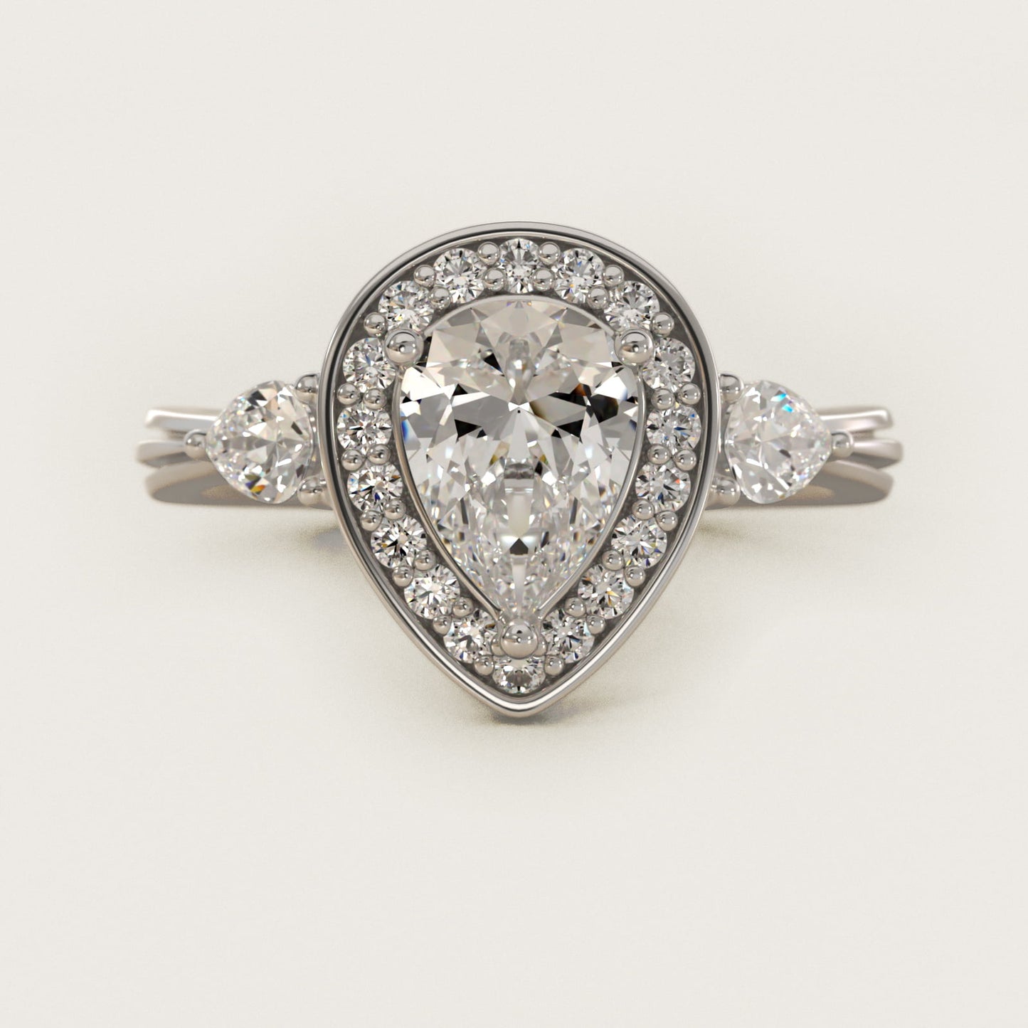 Pear Shape Side Stone Diamond Halo Engagement Ring In Platinum By James Allen - Pear Center