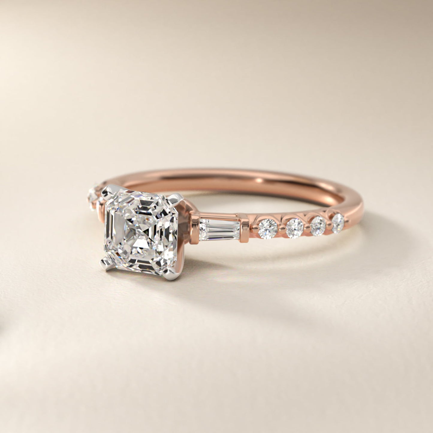 Petite Baguette and Floating Round Diamond Engagement Ring in 14k Rose Gold (1/5 ct. tw.) - Asscher Center