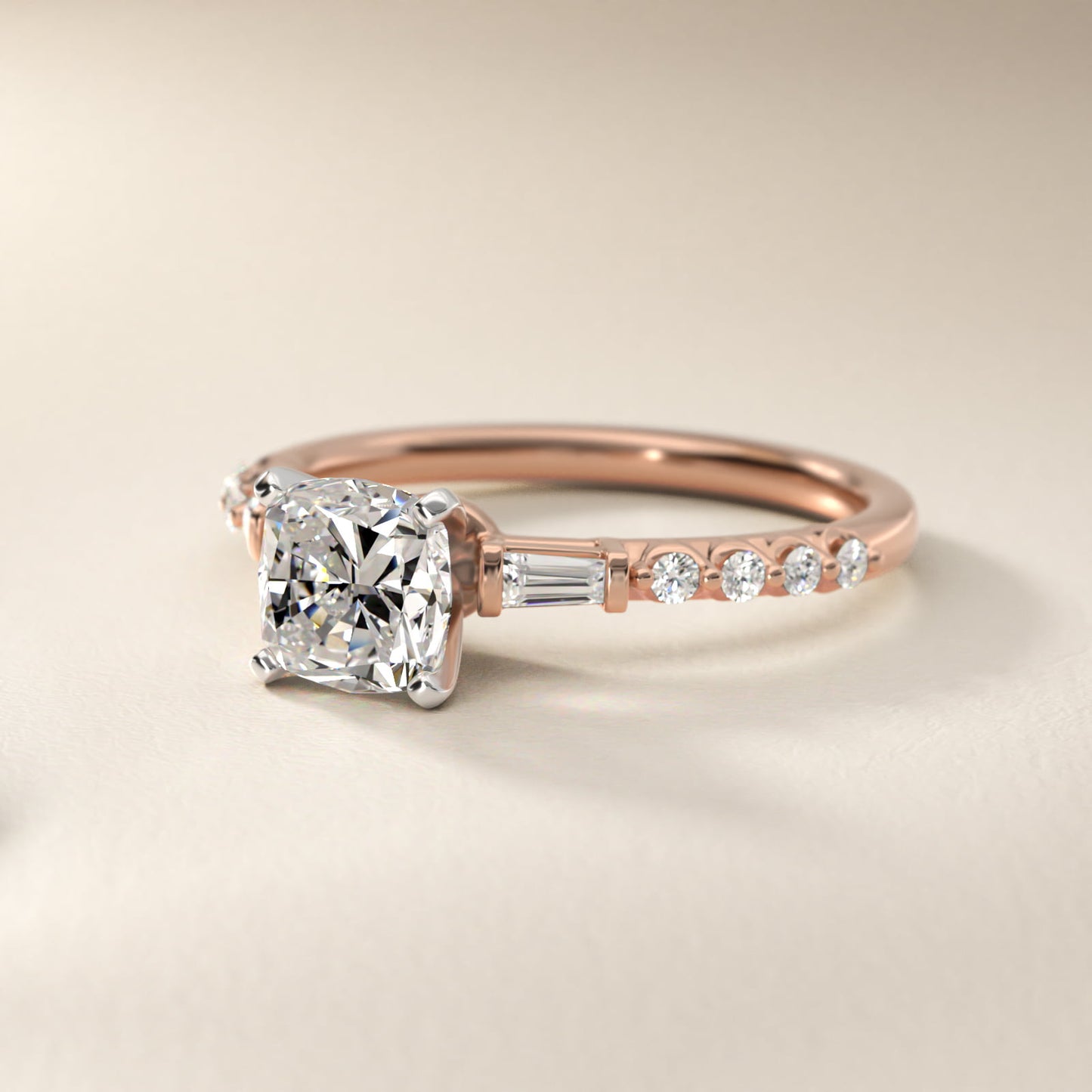 Petite Baguette and Floating Round Diamond Engagement Ring in 14k Rose Gold (1/5 ct. tw.) - Cushion Center