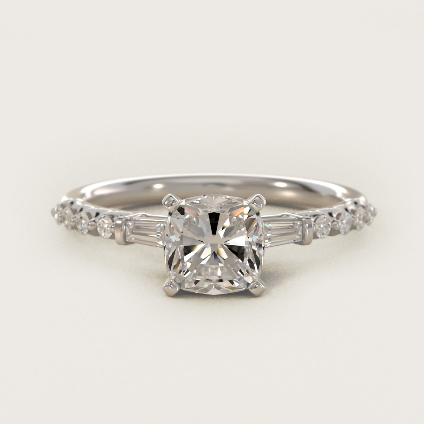 Petite Baguette and Floating Round Diamond Engagement Ring in 18k White Gold (1/5 ct. tw.) - Cushion Center