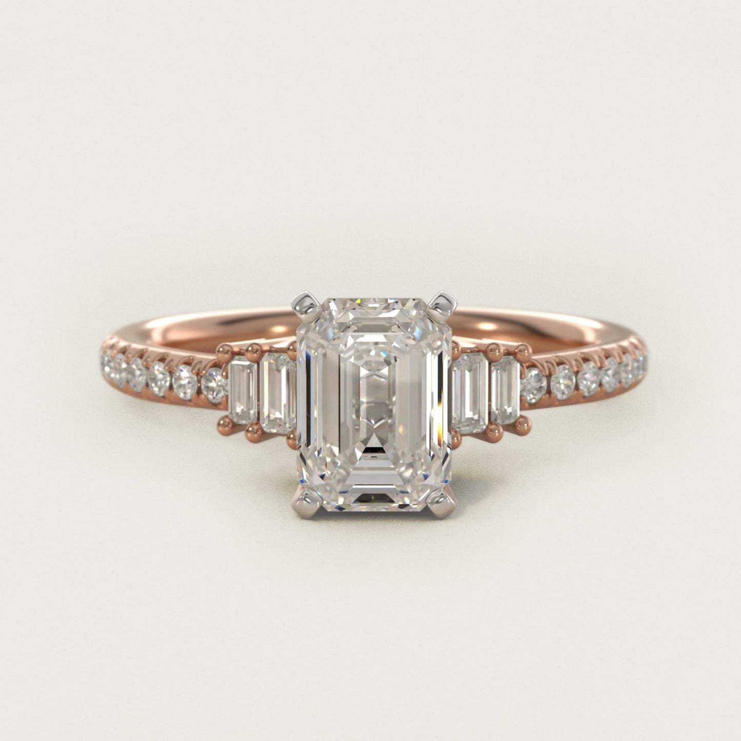 Petite Baguette and Pav? Diamond Engagement Ring in 18k Rose Gold - Emerald Center