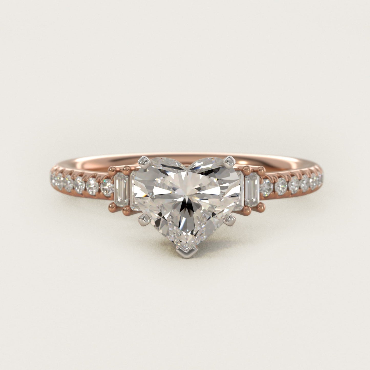 Petite Baguette and Pav? Diamond Engagement Ring in 18k Rose Gold - Heart Center
