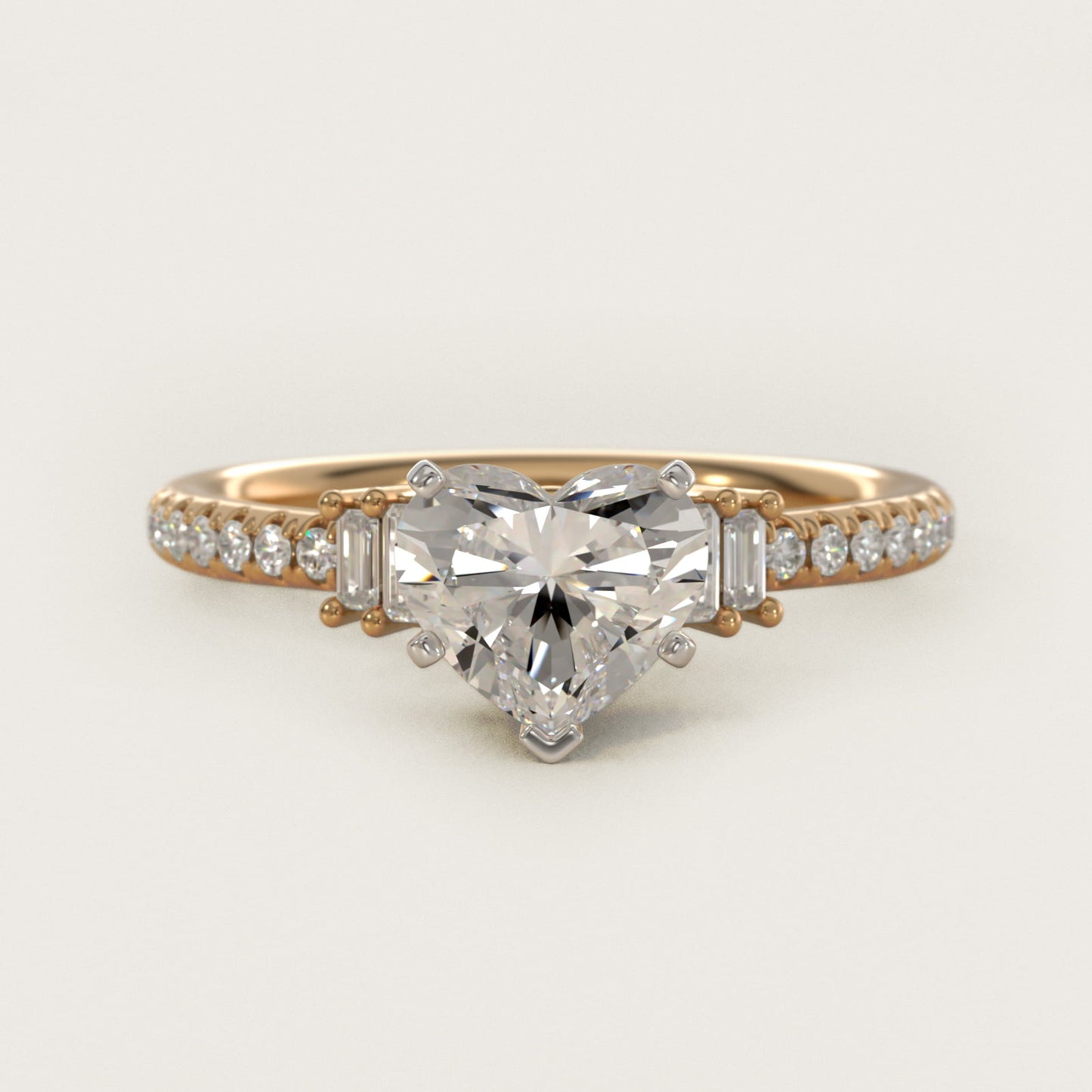 Petite Baguette and PavŽ Diamond Engagement Ring in 14k Yellow Gold - Heart Center
