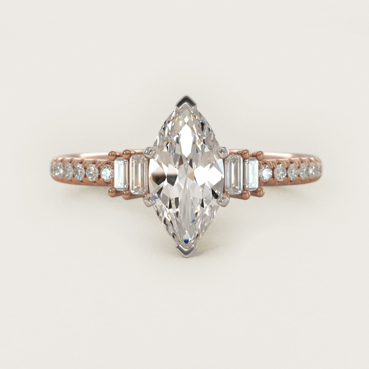 Petite Baguette and PavŽ Diamond Engagement Ring in 14k Rose Gold - Marquise Center