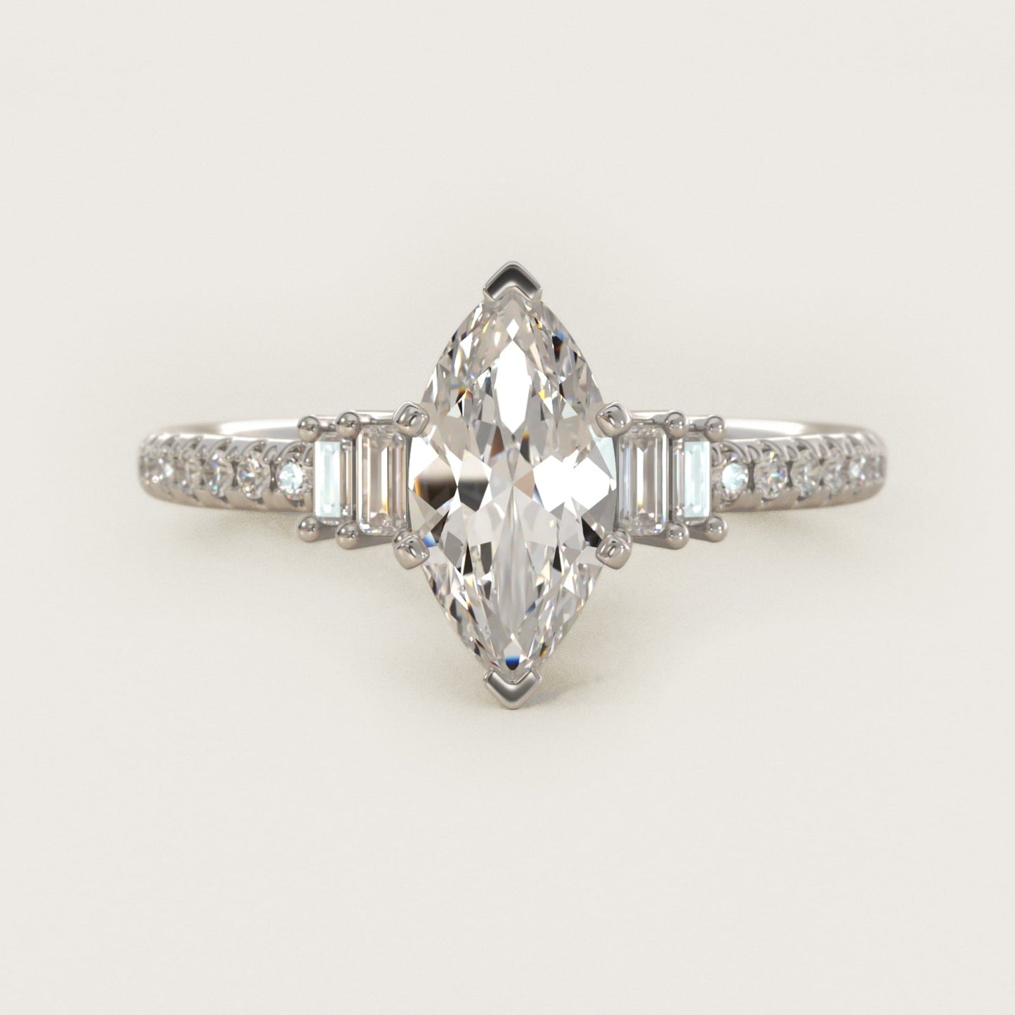 Petite Baguette and PavŽ Diamond Engagement Ring in 14k White Gold - Marquise Center