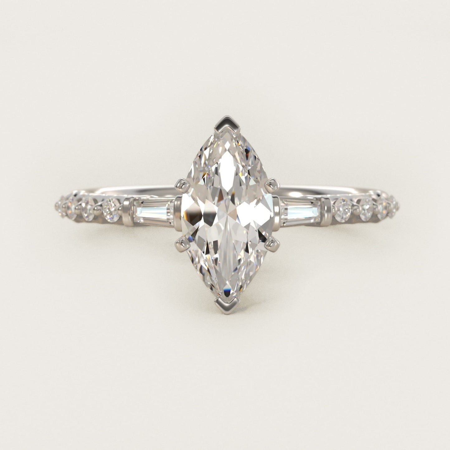 Petite Baguette and Floating Round Diamond Engagement Ring in 14k White Gold (1/5 ct. tw.) - Marquise Center