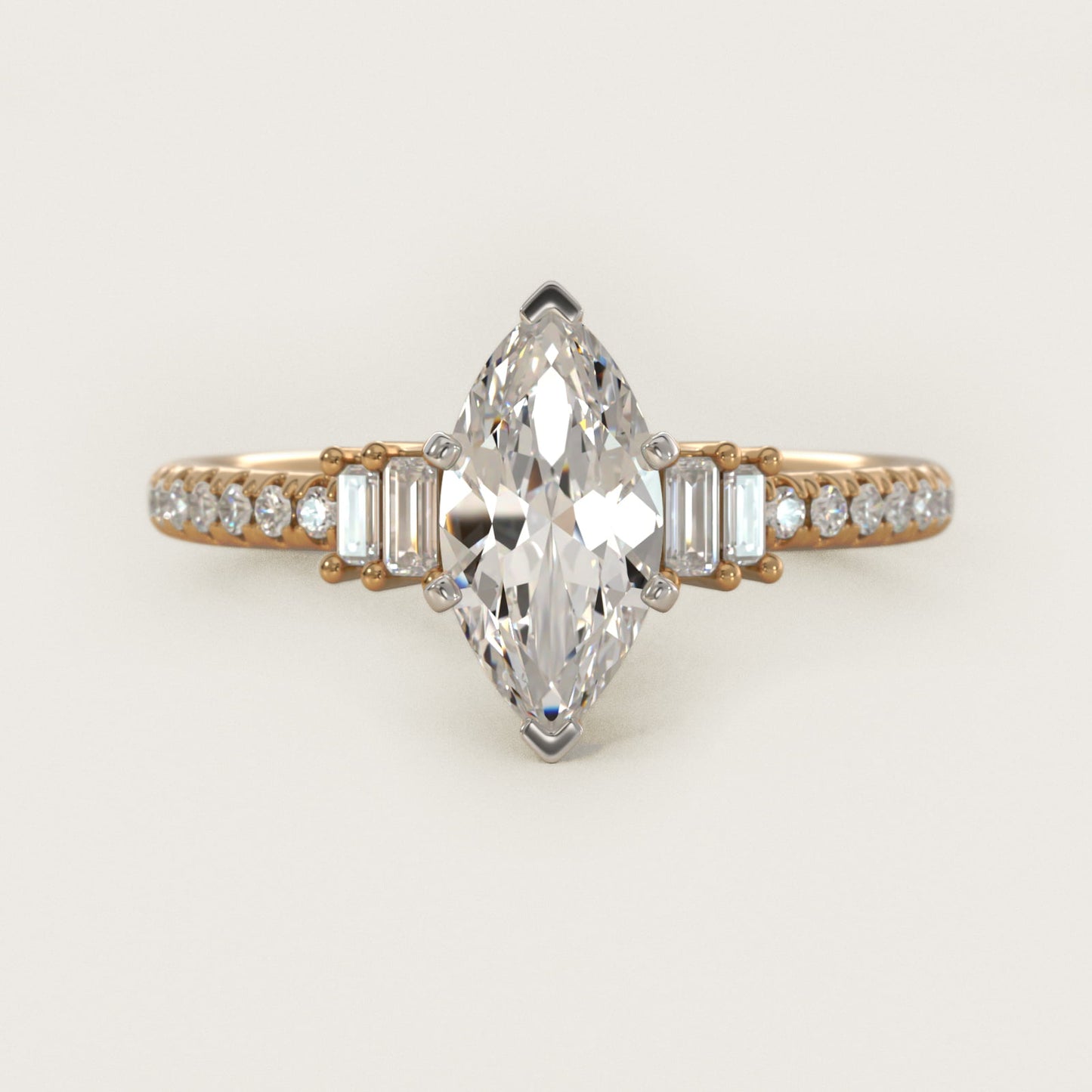 Petite Baguette and PavŽ Diamond Engagement Ring in 14k Yellow Gold - Marquise Center