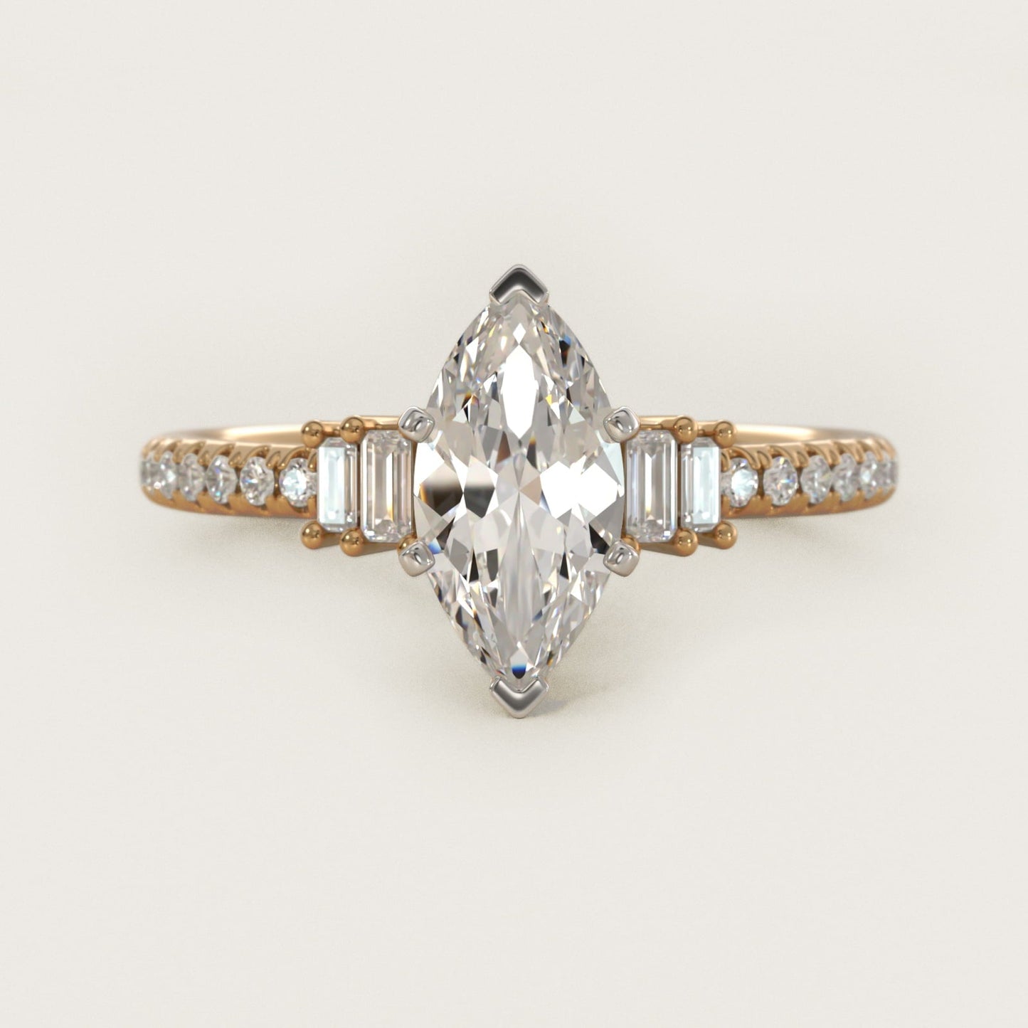 Petite Baguette and Pav? Diamond Engagement Ring in 18k Yellow Gold - Marquise Center